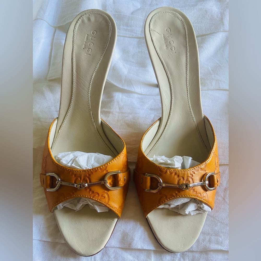 Vintage GUCCI Guccissima LOGO kitten heel open toe horsebit mules Size 8.5